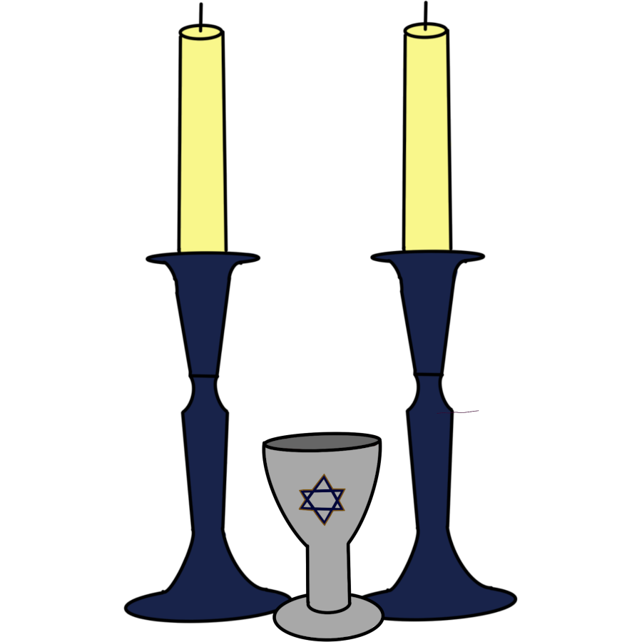 Two Shabbat candles with a Kiddush cup between them. The candles are both off white on tall dark blue candle holders. The cup is silver on the middle of it there is a blue Magen David outlined in gold.